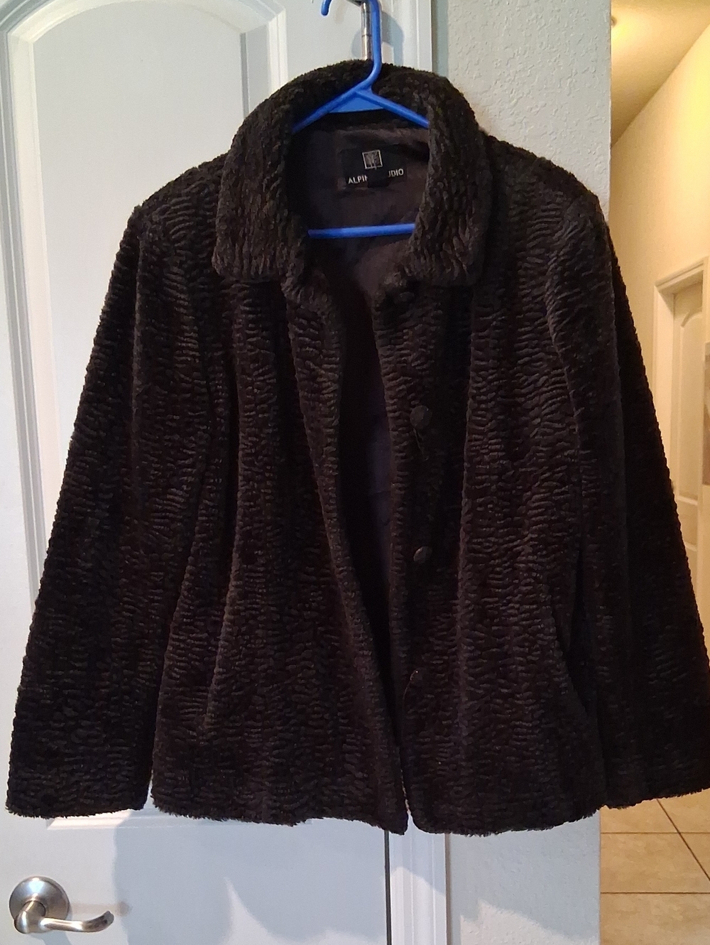 Alpine Black Plush Teddy Button-Front Jacket